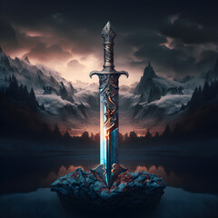 Obraz premium An ancient and mythical sword set against a dramatic land