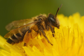 Closeup of the female of the Yellow-legged Mining Bee, Andrena flavipes on a yellow flower of dandelion