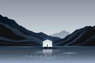 Foto op Plexiglas Futuristic technology background with a lonely figure. Sci-Fi poster. Minimal mountain landscape.  Abstract art wallpaper for web, prints, art decoration and applications. Vector illustration © Ico Maker
