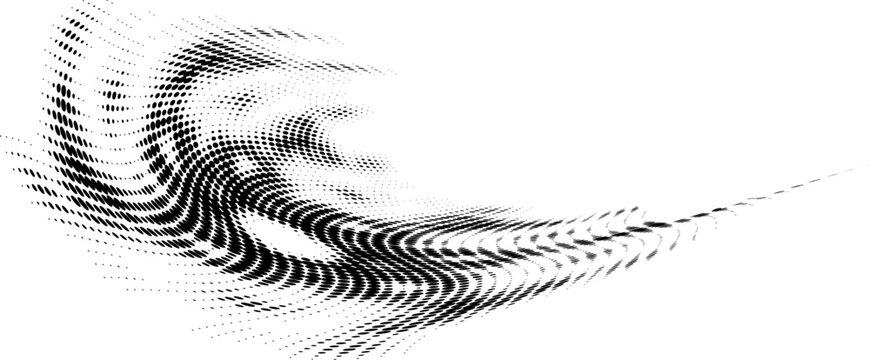 Dotted halftone polka dot border with waves and swirls. Vector.