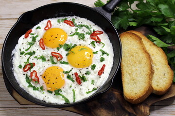 Scrambled eggs in an iron skillet with seasoning.