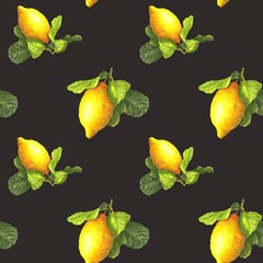 seamless pattern with watercolor lemons and leaves on a dark background