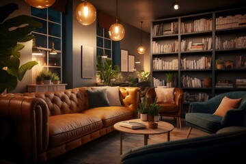 panoramic shot of a cosy coworking lounge with sofas, cushions, books, and lamps (AI Generated)