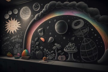 creative shot of a chalkboard wall with colourful drawings (AI Generated)