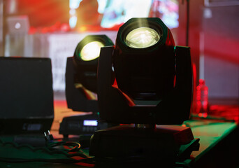 Stage LED lighting in close up. Professional dynamic moving heads on festival scene