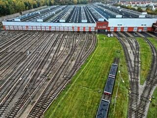 Warsaw metro technical hall and a lot of tracks, top down aerial photography