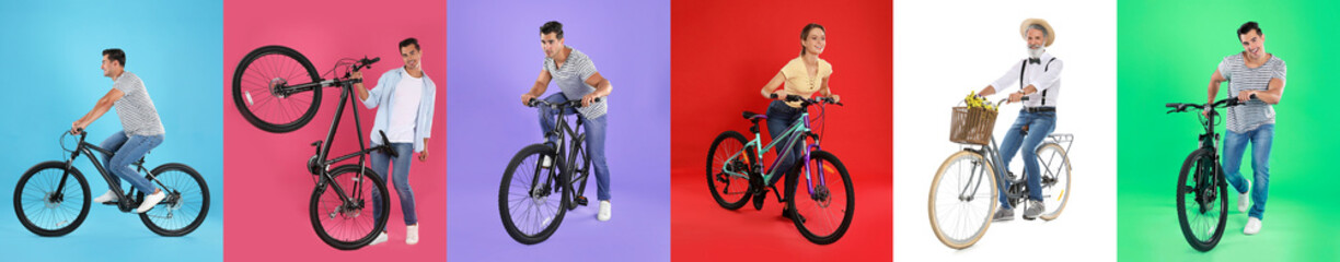 Collage with photos of people with bicycles on different color backgrounds