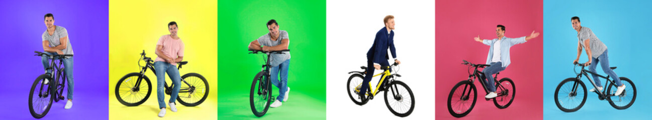 Fototapeta na wymiar Collage with photos of men with bicycles on different color backgrounds
