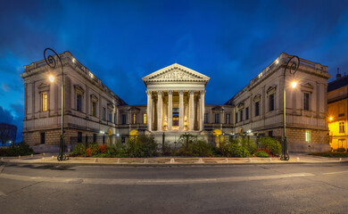 Montpellier, France. Neoclassical building of Court of Appeal at dusk