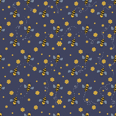 Cartoon bees seamless texture, print for paper and fabric. Hand drawn, vector