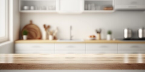 Empty wooden table and blurred white kitchen white wall background. Wood table top on blur kitchen counter