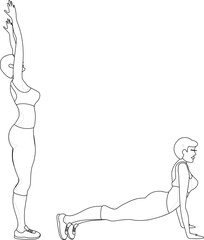 The girl does sports exercises. Exercise lying on outstretched arms. Cartoon.  Black outline