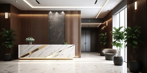 Luxury and contemporary lobby area interior design with reception counter - obrazy, fototapety, plakaty