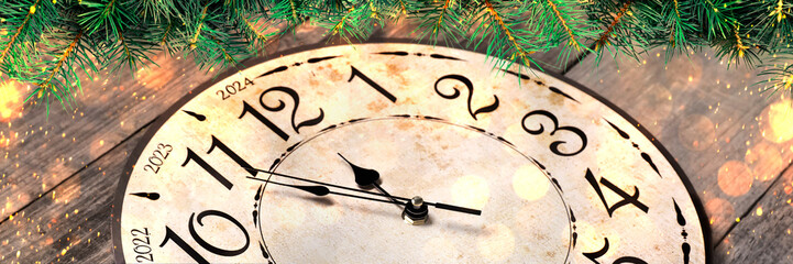 Counting last moments to New 2024 Year. Greeting card with clock, sparkles and fir branches, banner design