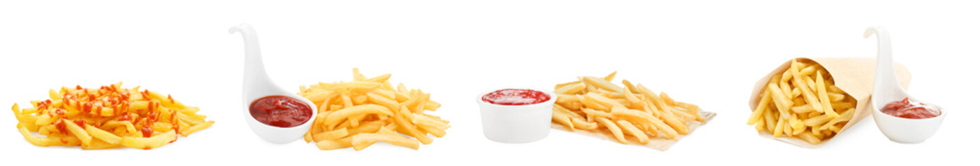 Set of French fries served with ketchup on white background