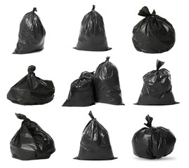 Set with black trash bags full of garbage on white background