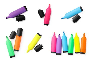 Many colorful markers on white background, top view