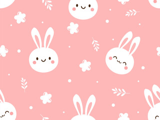 Seamless pattern with bunny rabbit cartoons, branches and cute flower on pink background vector illustration. Cute childish print.