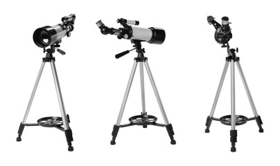 Obraz premium Collage of tripod with modern telescope on white background, views from different sides