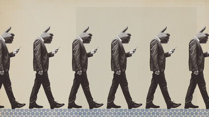 Distracted people staring at smartphone screen and walking - obrazy, fototapety, plakaty