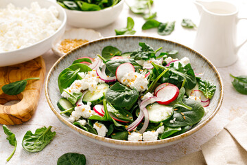 Spinach and cottage cheese fresh green vegetable salad with radish, cucumber and yogurt, healthy diet food