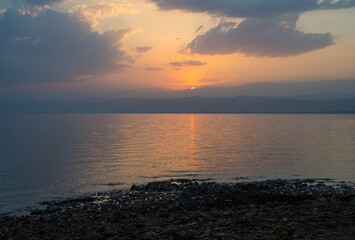 Sunset on the Dead Sea Coast, an Evening Landscape at Dusk near Sweimeh, Jordan