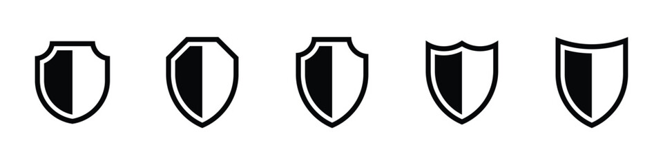 Black shields icon set. Symbol of security and guaranteed web protection - obrazy, fototapety, plakaty