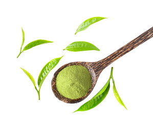 tea leaf and matcha green tea powder in wood spoon isolated on transparent png