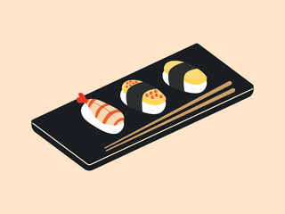 Asian food sushi on wooden board with sushi chopsticks