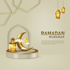 Golden moon and lantern on podium stage ramadan mubarak background. Islamic 3d rendering art