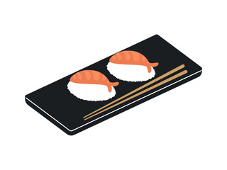 Sushi on wooden board with sushi chopsticks