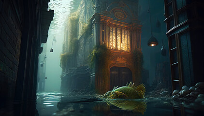 Submerged City: An Underwater Illustration of Urban Flooding. Apocalypse scenery. Generative ai