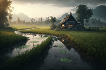 Fototapeta na wymiar Ecosystem with rice field. Generative ai