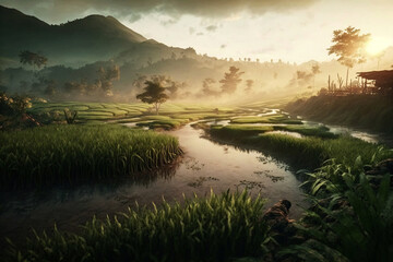 Ecosystem with rice field. Generative ai