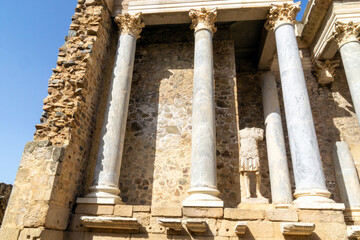 Roman theater of Merida. In the spaces between columns (intercolumnios) statues representing gods and mythological characters were placed. Badajoz, Extremadura, Spain.