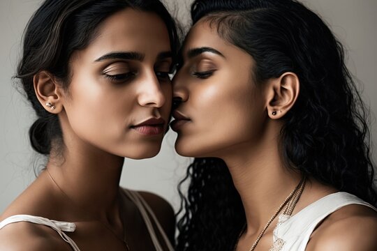 Tender kissing indian young women. Generative AI
