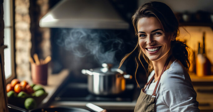 Smiling beautiful youg woman in a modern kitchen. Created with Generative AI technology.