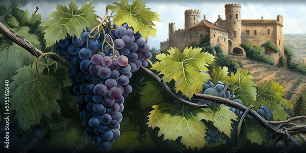 Wall mural Vineyard on the background of medieval castle.  Made with Generative AI.