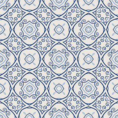 Vintage tile pattern. Seamless blue and white background with flower design