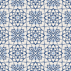 Vintage tile pattern. Seamless blue and white background with flower design