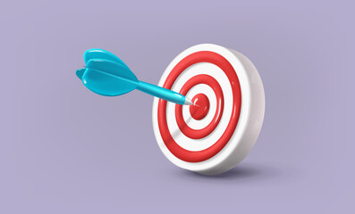 Realistic dart arrow hit the center of target. 3d render vector icon. Business target achievement concept.