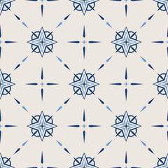 Vintage tile pattern. Seamless blue and white background with flower design