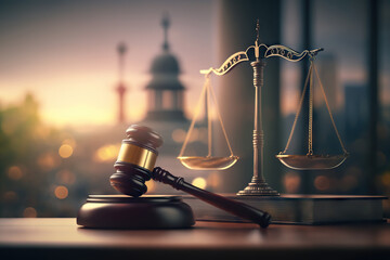 Judicial gavel, book and scales of justice on the background of the urban landscape. Based on Generative AI