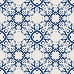Vintage tile pattern. Seamless blue and white background with flower design