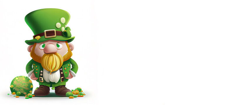 Cute Leprechaun Saint Patricks day irish cartoon and four leaf clover for St. Patrick's Day