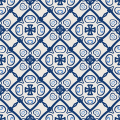 Fototapeta na wymiar Vintage tile pattern. Seamless blue and white background with flower design