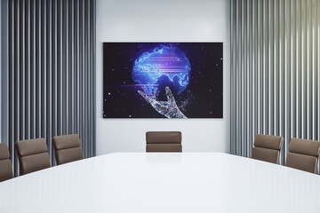 Abstract world map on presentation monitor in a modern boardroom, big data and blockchain concept. 3D Rendering