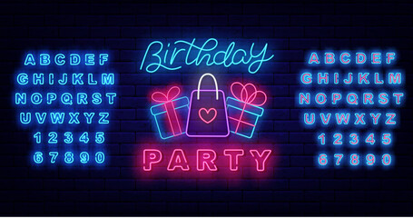 Birthday party neon sign on brick wall. Presents and shopping bag. Light event advertising. Vector illustration