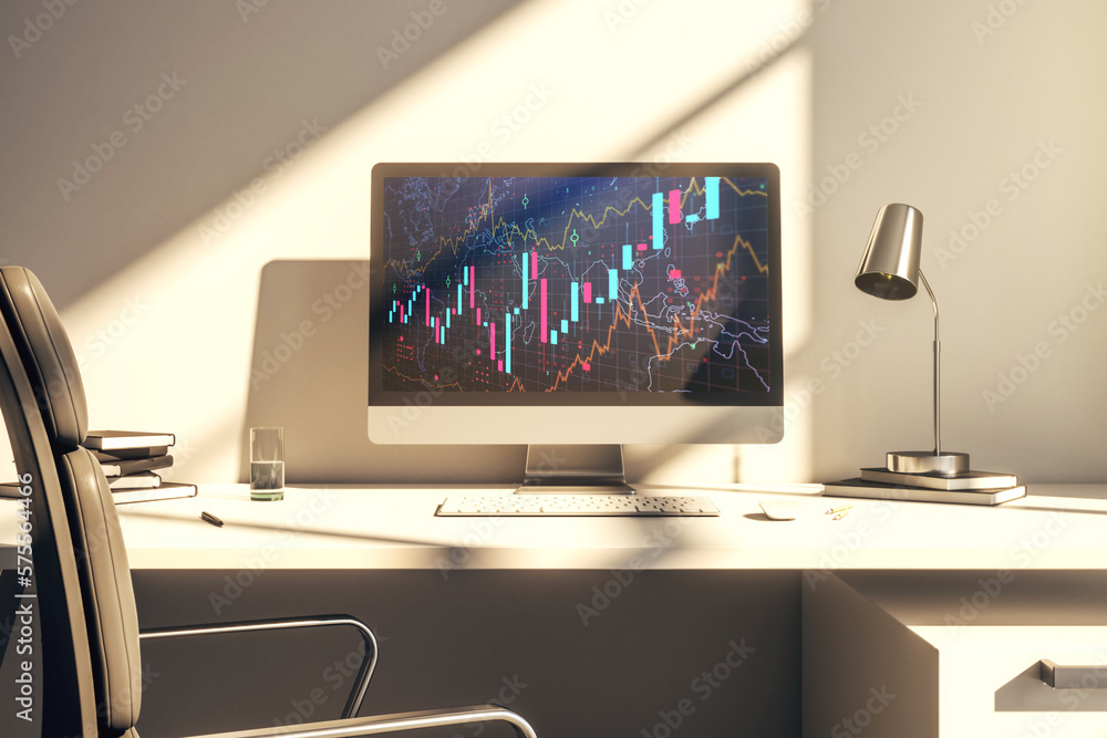 Poster modern computer monitor with abstract creative financial chart, research and strategy concept. 3d re