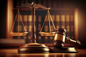 Judge gavel and Scales of Justice in Library. Law concept of Judiciary, Jurisprudence and Justice. Copy space. Based on Generative AI